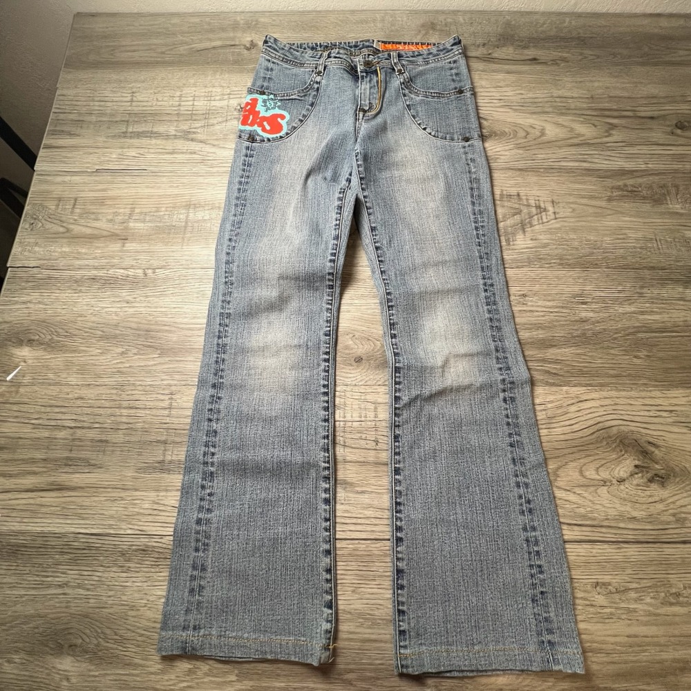 Akdmks Jeans Women 27 Blue Flare Graffiti Logo Patch Y2K Streetwear Denim